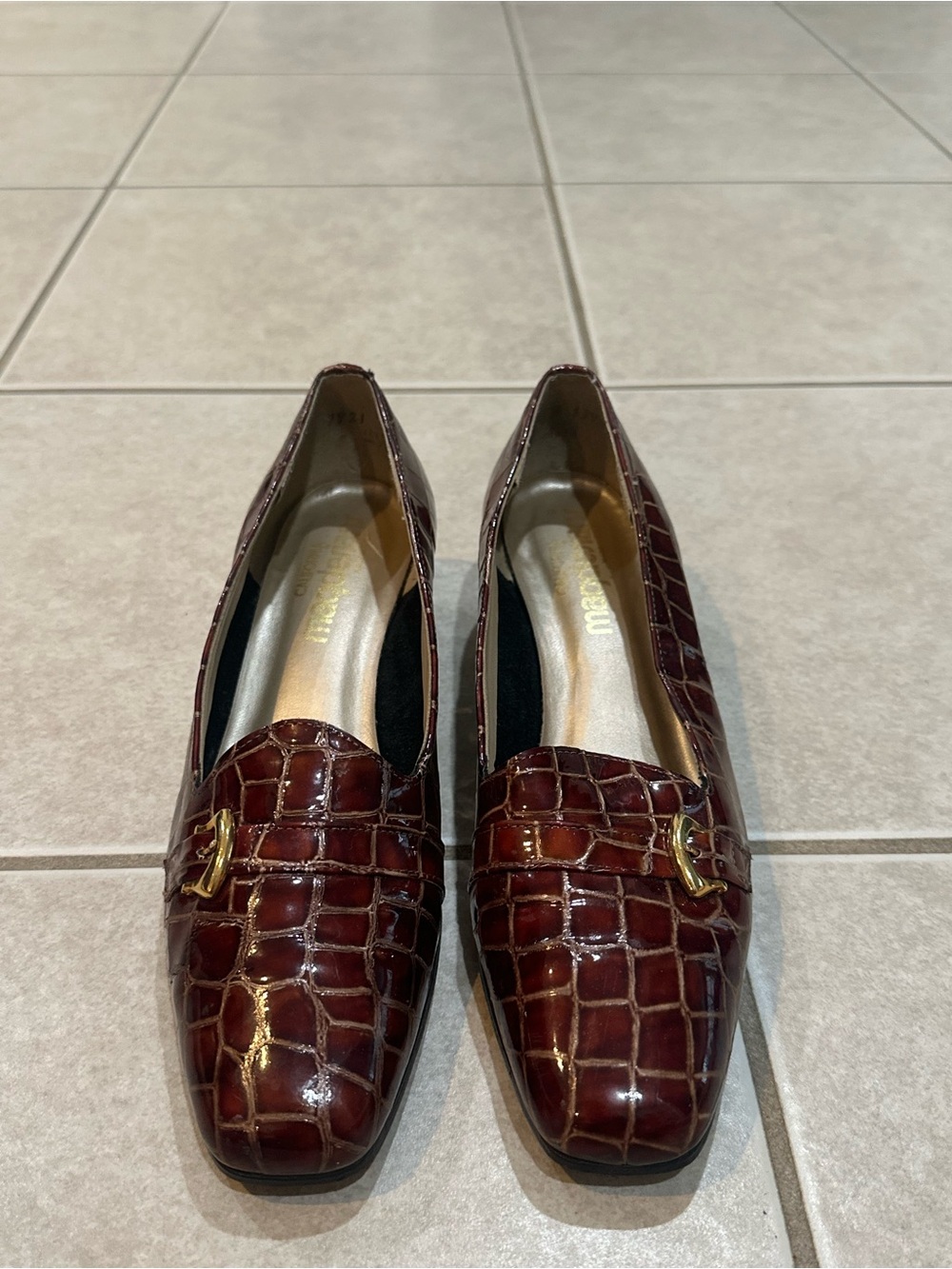 Women’s Croc-Embossed Burgundy Slip-On Loafers with Gold Accent